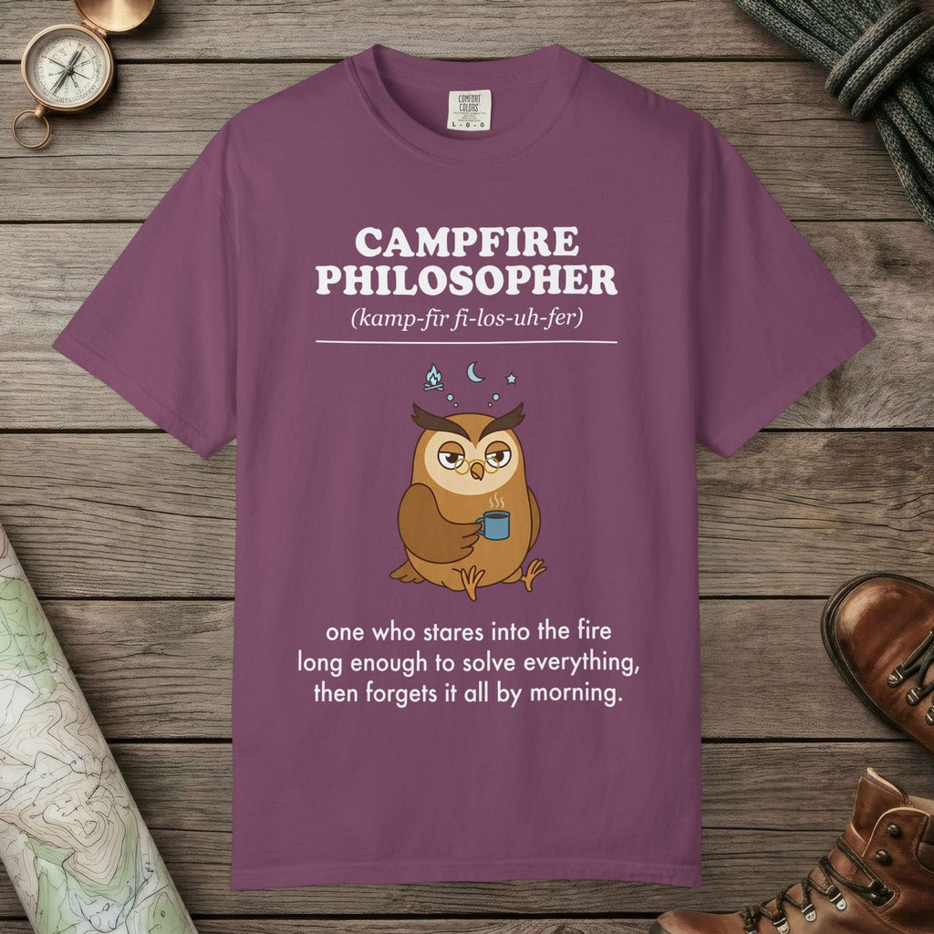 Berry color unisex graphic t-shirt with "Campfire Philosopher Definition" design