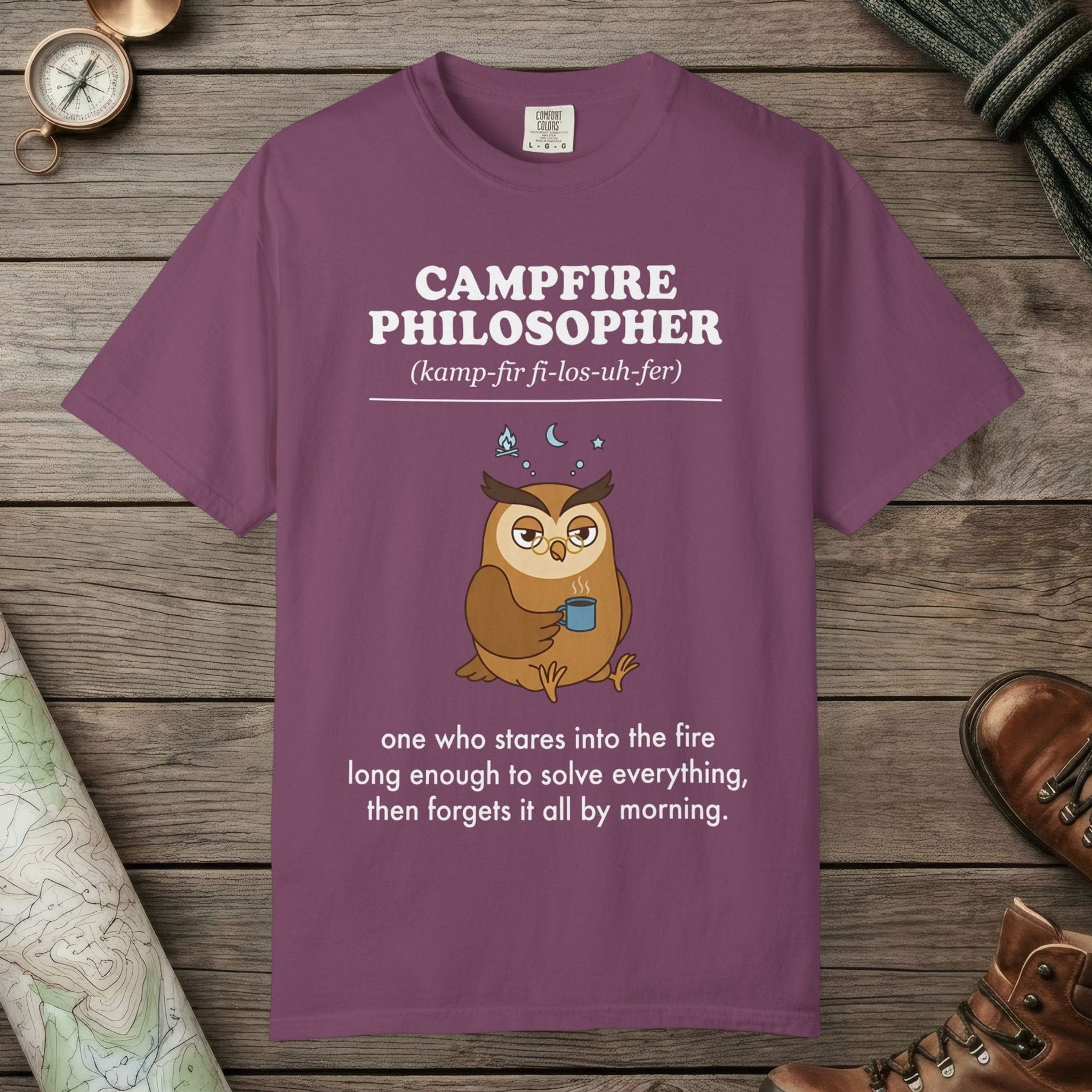 Berry color unisex graphic t-shirt with "Campfire Philosopher Definition" design