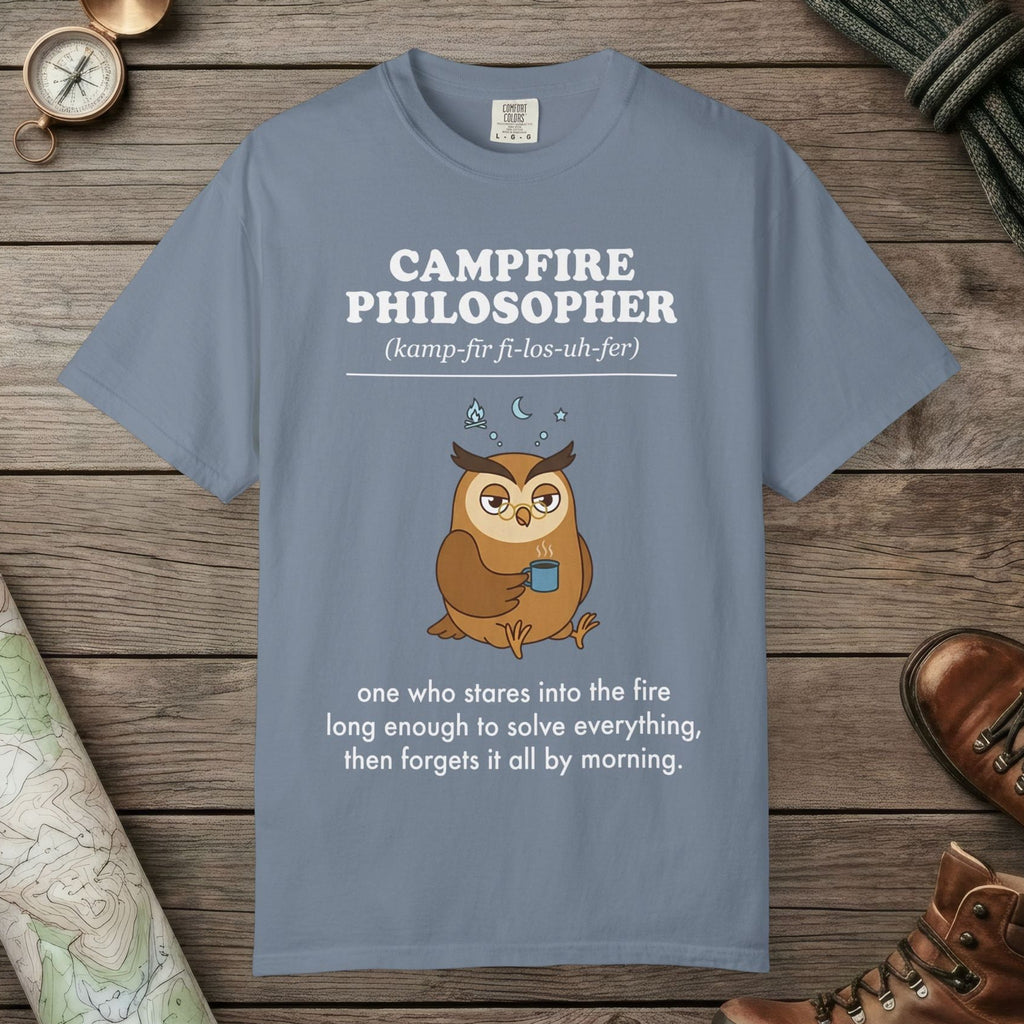 Blue Jean color unisex graphic t-shirt with "Campfire Philosopher Definition" design