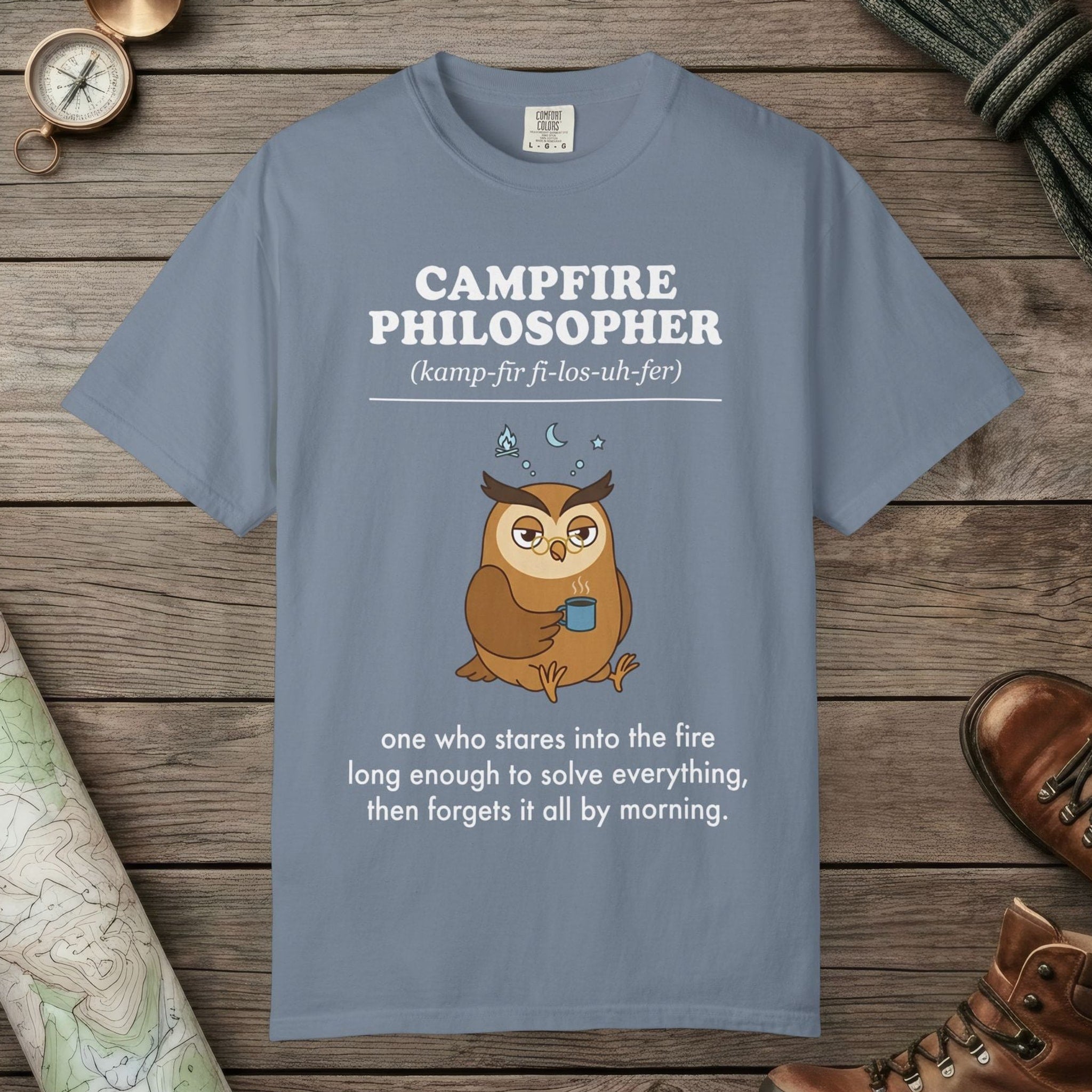 Blue Jean color unisex graphic t-shirt with "Campfire Philosopher Definition" design
