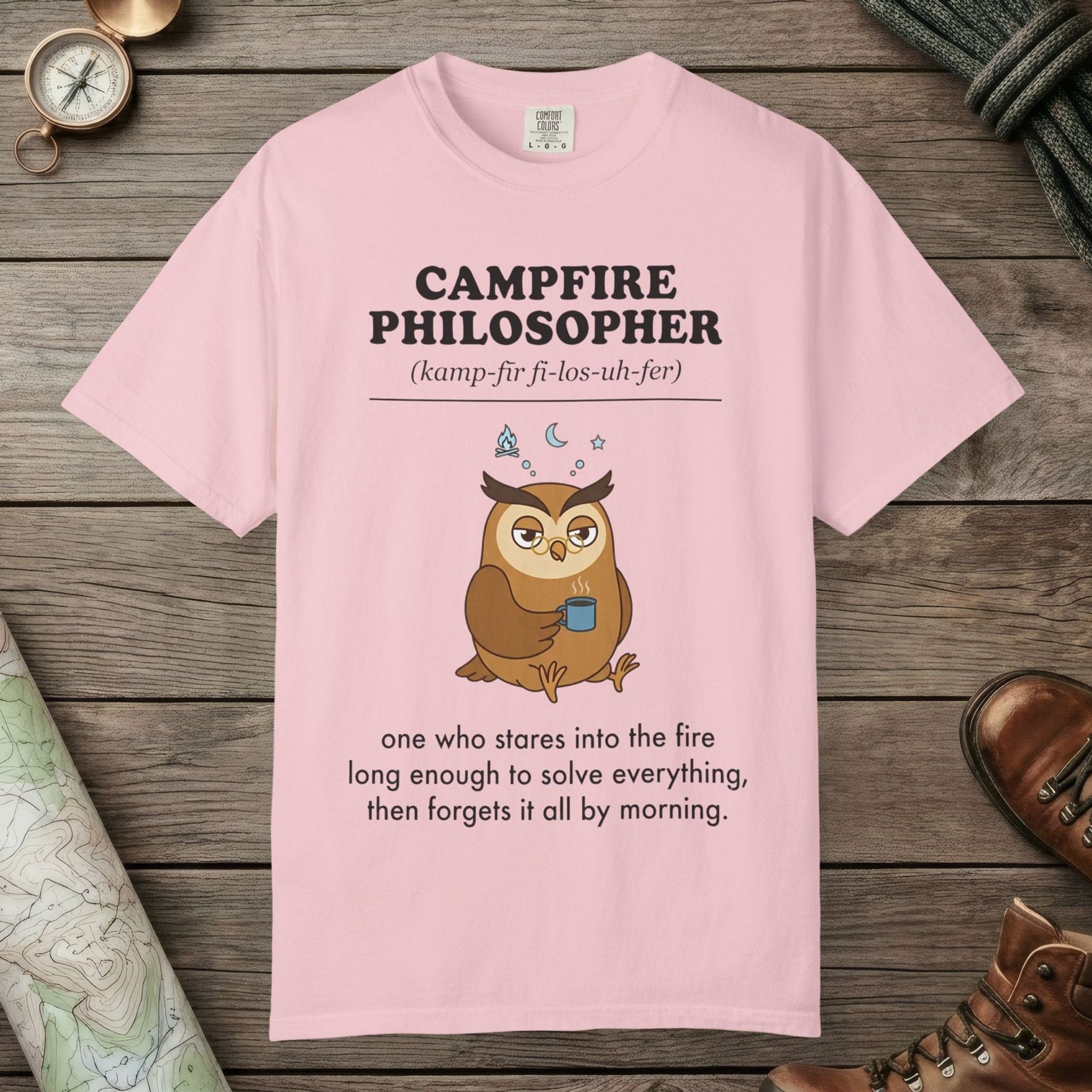 Blossom color unisex graphic t-shirt with "Campfire Philosopher Definition" design