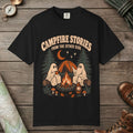 Black color unisex graphic t-shirt with "Campfire Stories" design