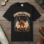 Black color unisex graphic t-shirt with "Campfire Stories" design