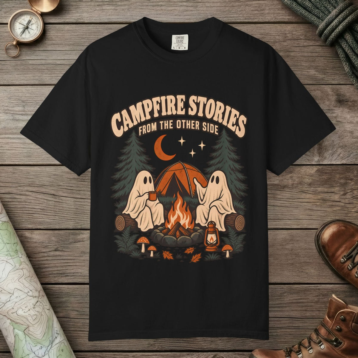 Black color unisex graphic t-shirt with "Campfire Stories" design