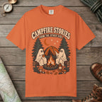 Burnt Orange color unisex graphic t-shirt with "Campfire Stories" design