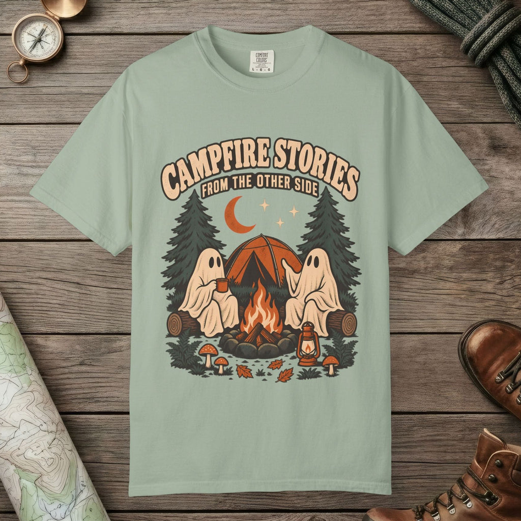 Bay color unisex graphic t-shirt with "Campfire Stories" design