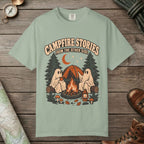 Bay color unisex graphic t-shirt with "Campfire Stories" design