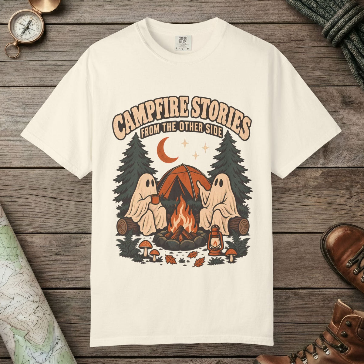 Ivory color unisex graphic t-shirt with "Campfire Stories" design
