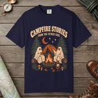 True Navy color unisex graphic t-shirt with "Campfire Stories" design