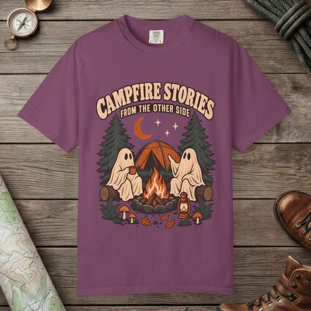 Berry color unisex graphic t-shirt with "Campfire Stories" design