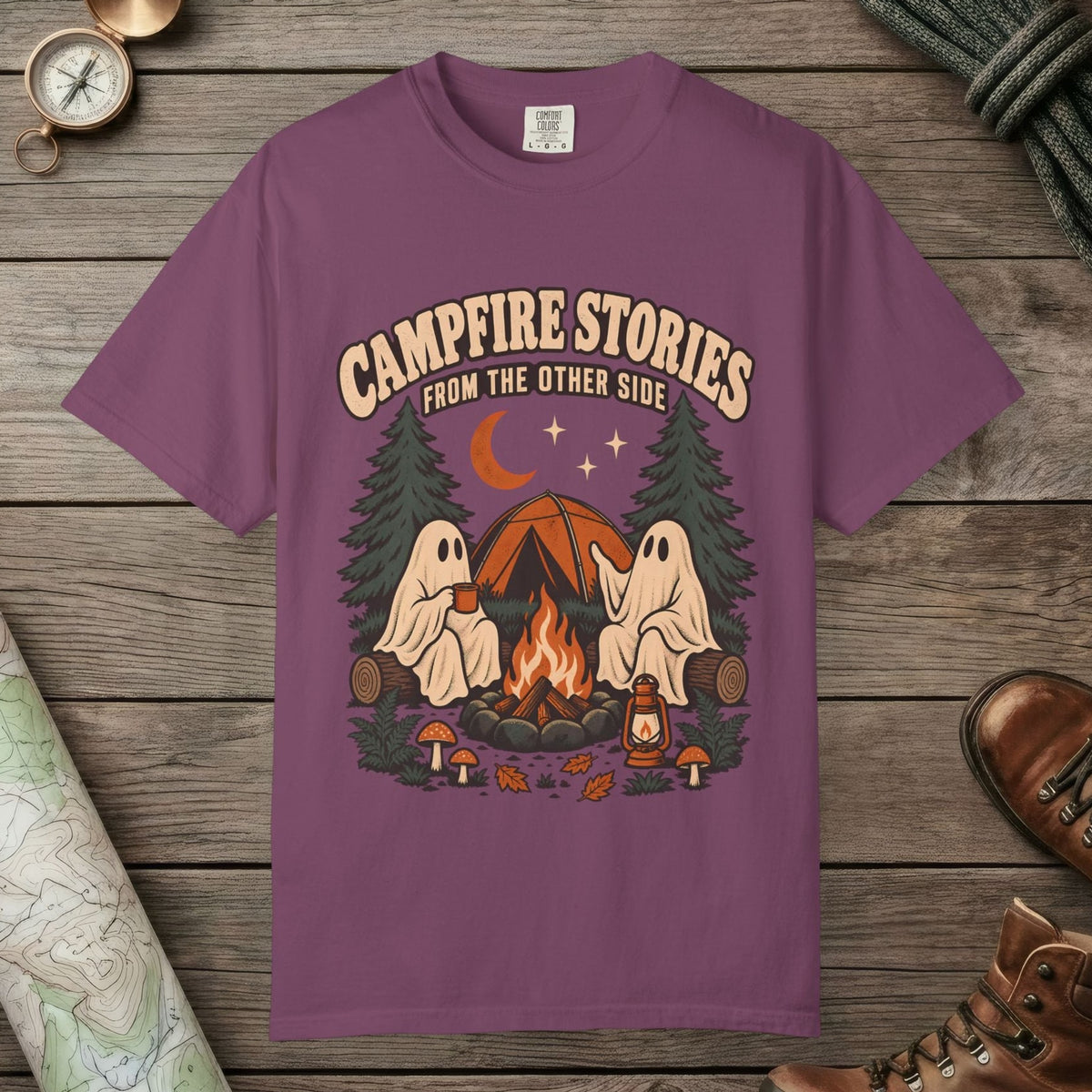 Berry color unisex graphic t-shirt with "Campfire Stories" design