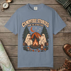 Blue Jean color unisex graphic t-shirt with "Campfire Stories" design