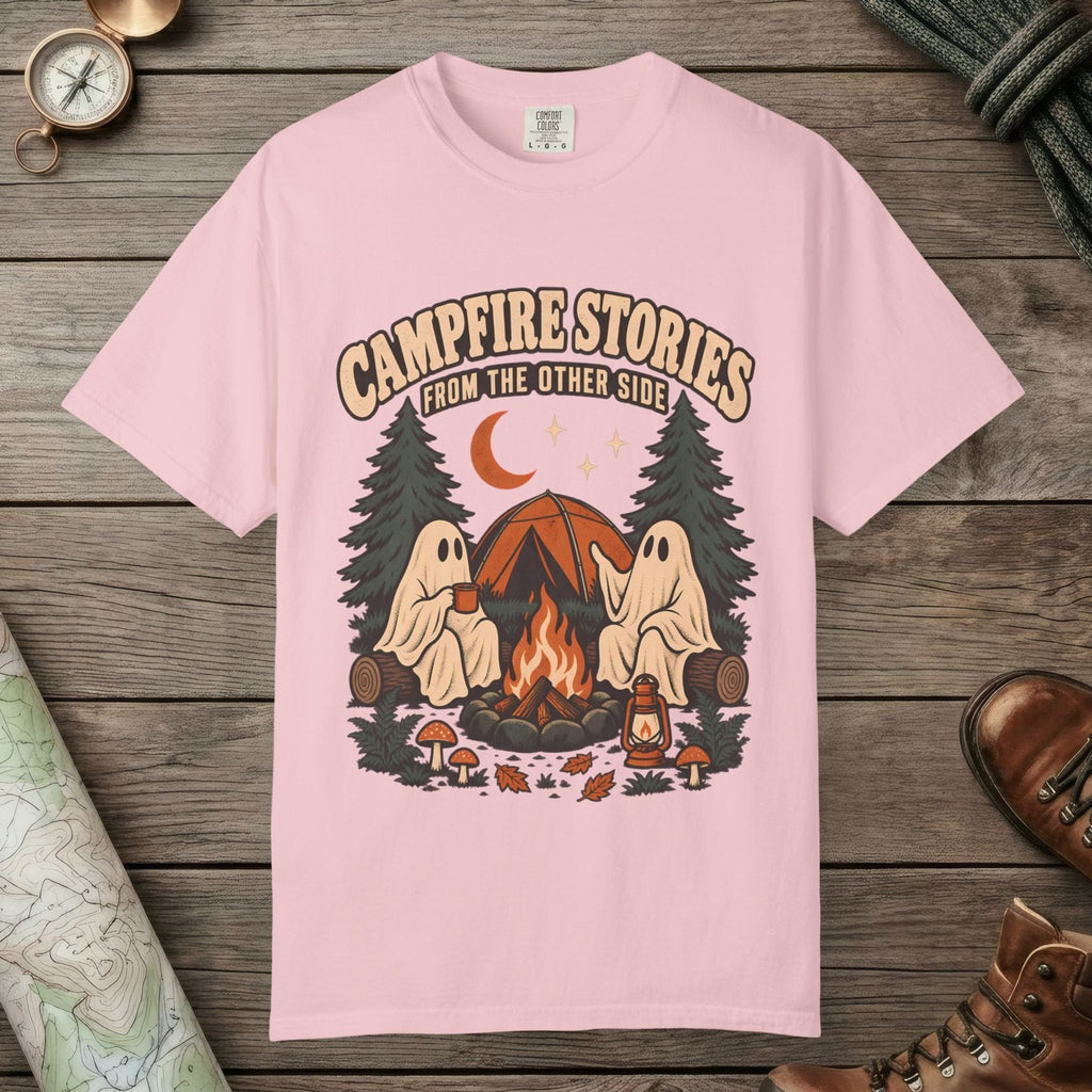 Blossom color unisex graphic t-shirt with "Campfire Stories" design