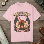 Blossom color unisex graphic t-shirt with "Campfire Stories" design