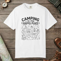 White color unisex graphic t-shirt with "Camping Is My Happy Place Doodle" design