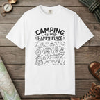 White color unisex graphic t-shirt with "Camping Is My Happy Place Doodle" design
