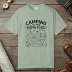 Bay color unisex graphic t-shirt with "Camping Is My Happy Place Doodle" design