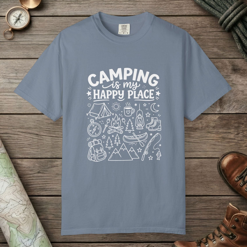 Blue Jean color unisex graphic t-shirt with "Camping Is My Happy Place Doodle" design