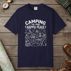 True Navy color unisex graphic t-shirt with "Camping Is My Happy Place Doodle" design