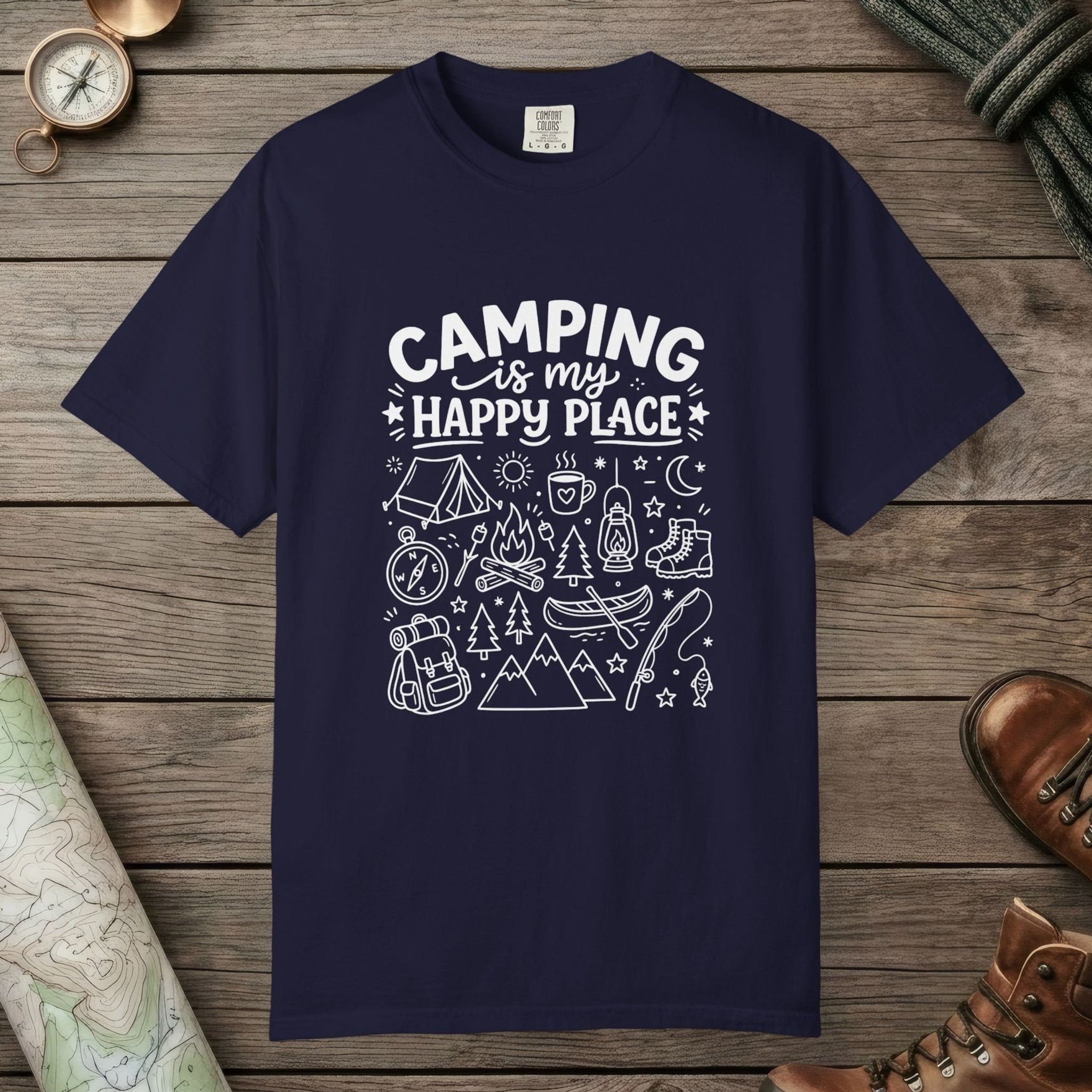 True Navy color unisex graphic t-shirt with "Camping Is My Happy Place Doodle" design