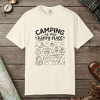Ivory color unisex graphic t-shirt with "Camping Is My Happy Place Doodle" design