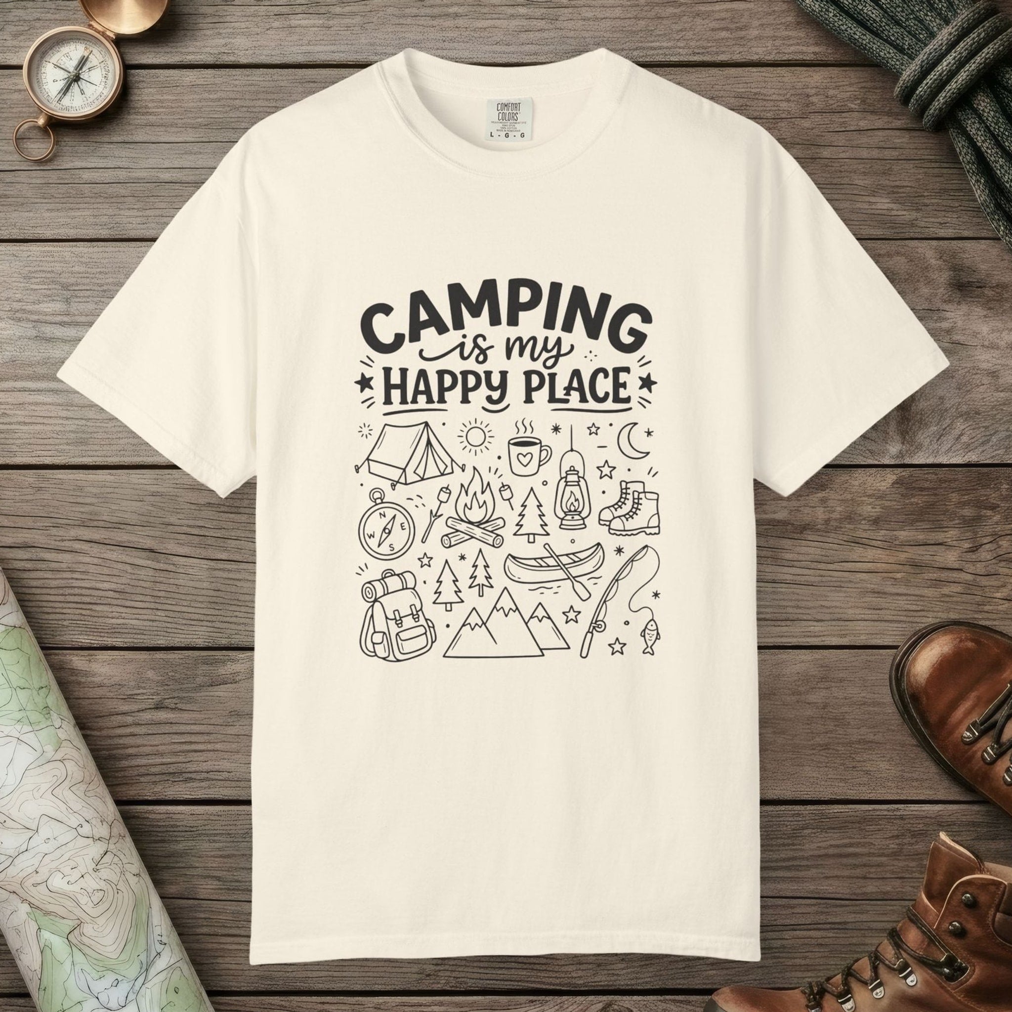 Ivory color unisex graphic t-shirt with "Camping Is My Happy Place Doodle" design
