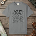 Grey color unisex graphic t-shirt with "Camping Is My Happy Place Doodle" design