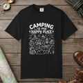 Black color unisex graphic t-shirt with "Camping Is My Happy Place Doodle" design