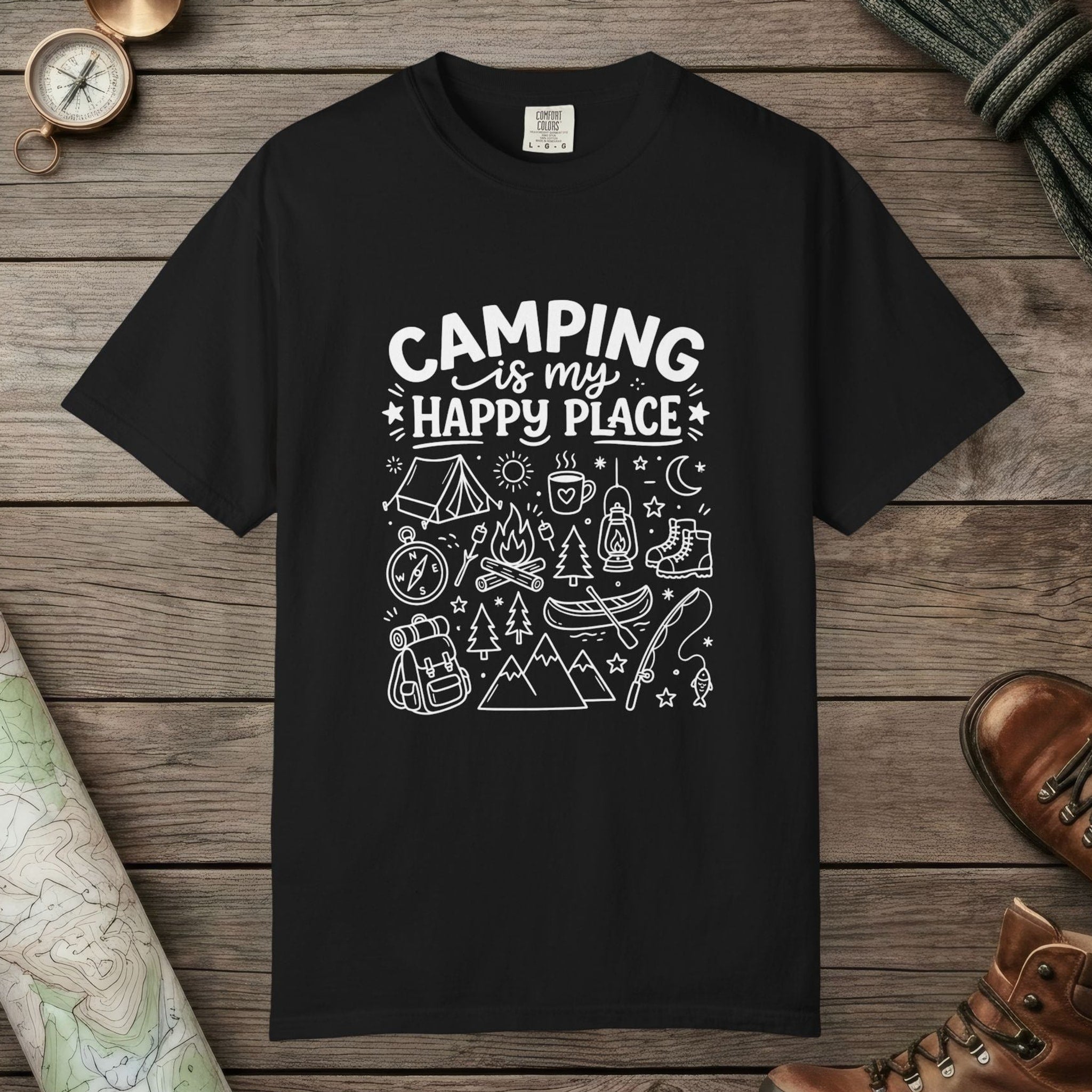 Black color unisex graphic t-shirt with "Camping Is My Happy Place Doodle" design