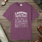 Berry color unisex graphic t-shirt with "Camping Is My Happy Place Doodle" design