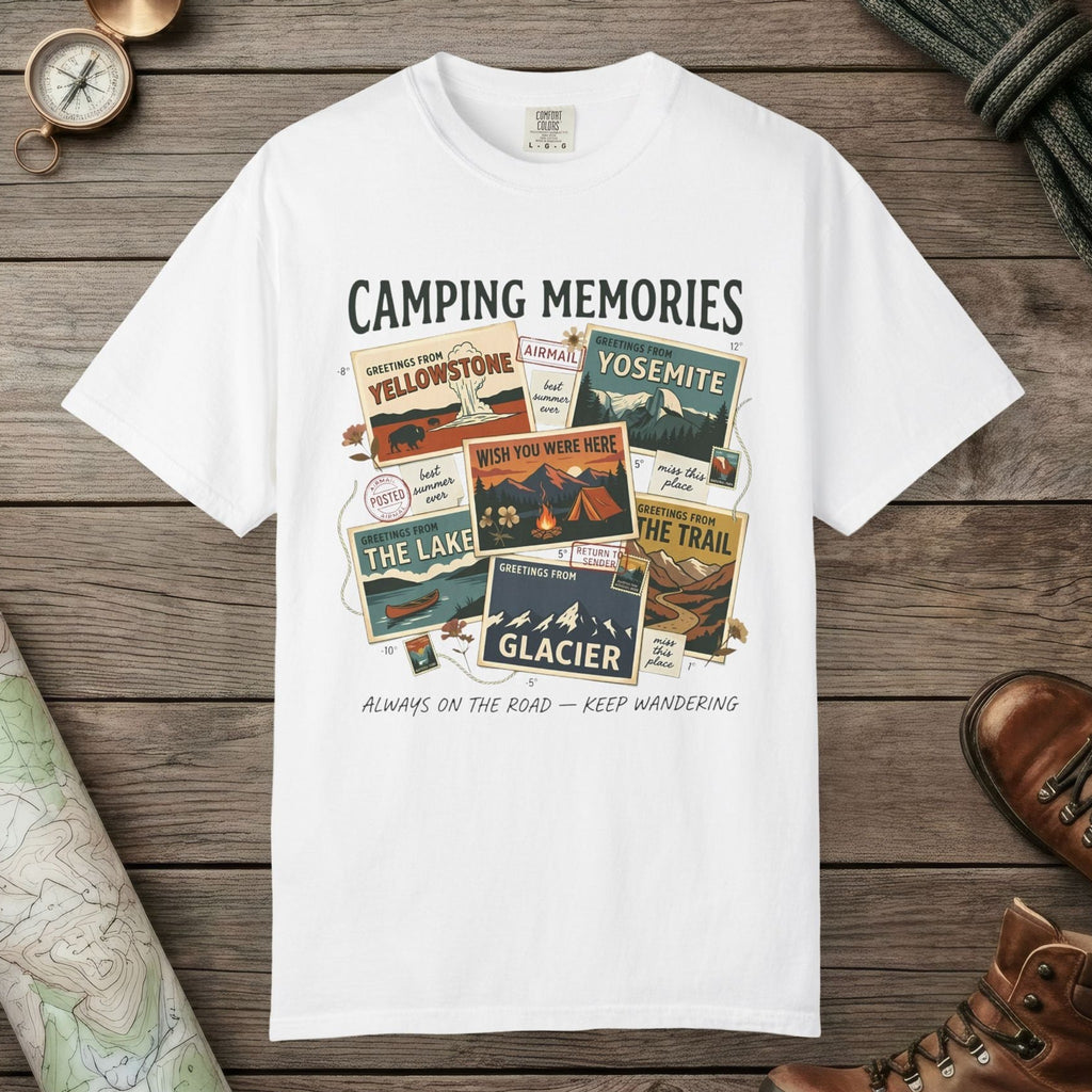 White color unisex graphic t-shirt with "Camping Memories" design
