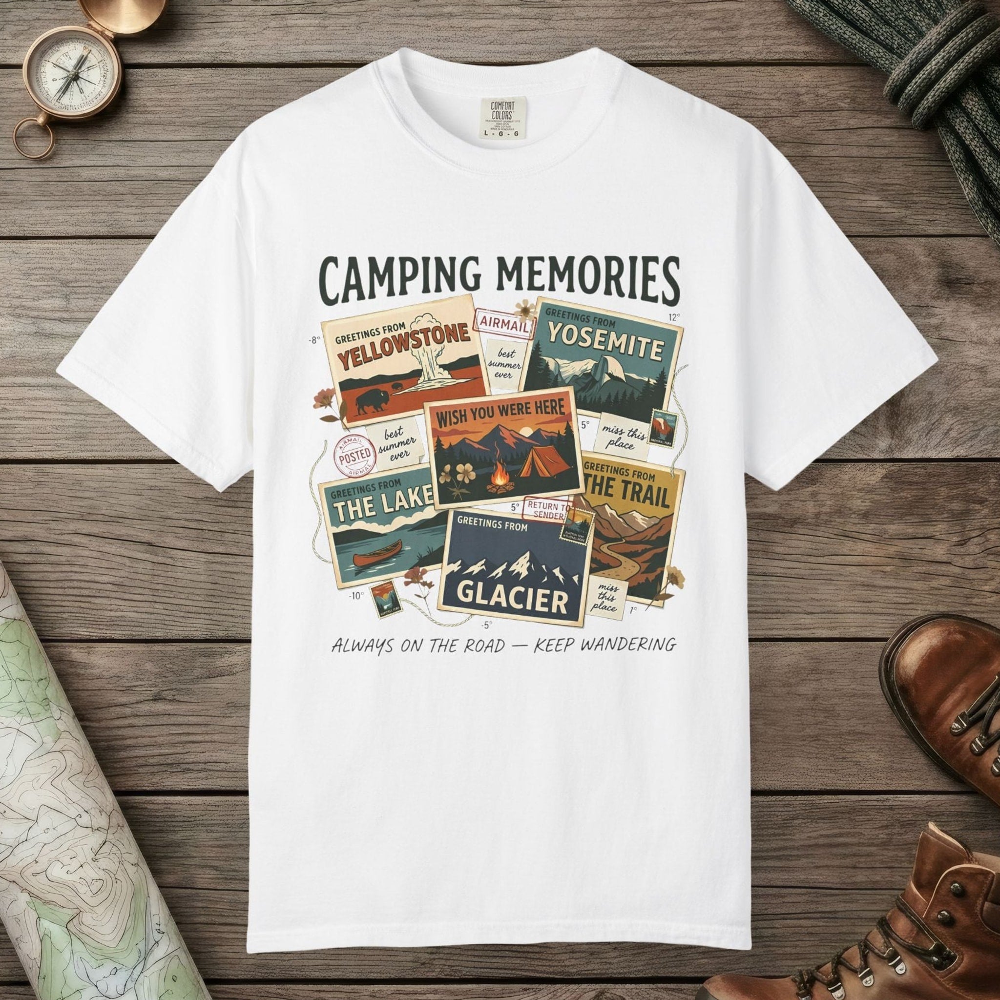 White color unisex graphic t-shirt with "Camping Memories" design