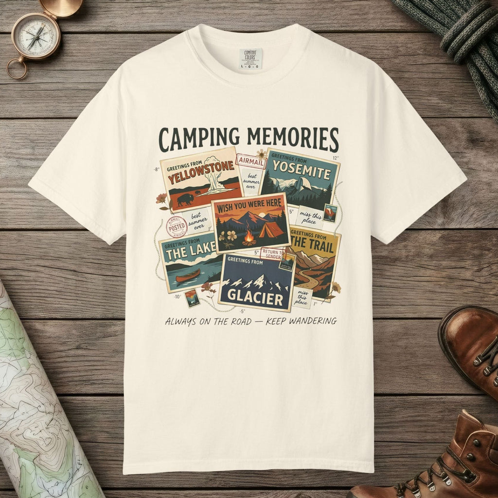 Ivory color unisex graphic t-shirt with "Camping Memories" design