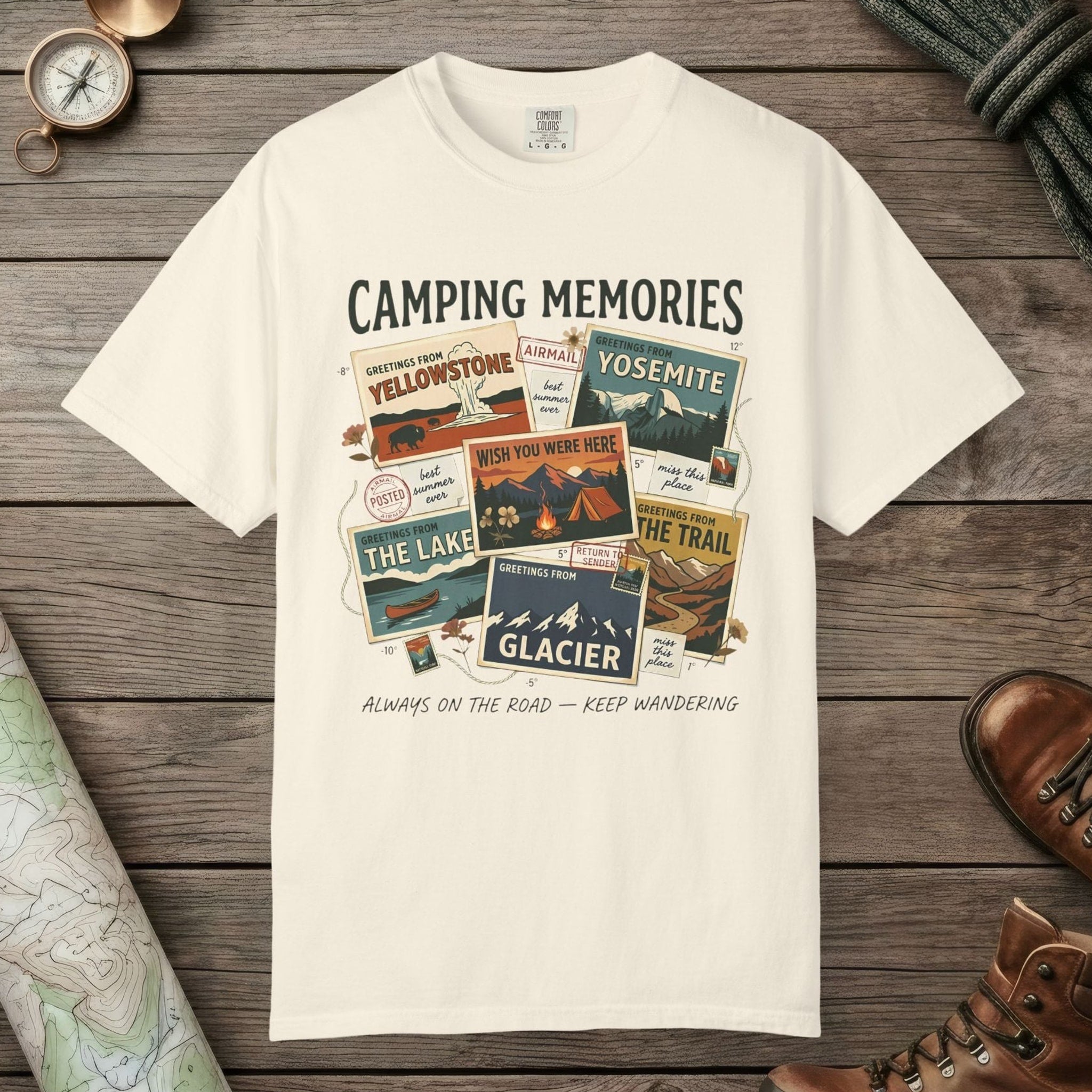 Ivory color unisex graphic t-shirt with "Camping Memories" design