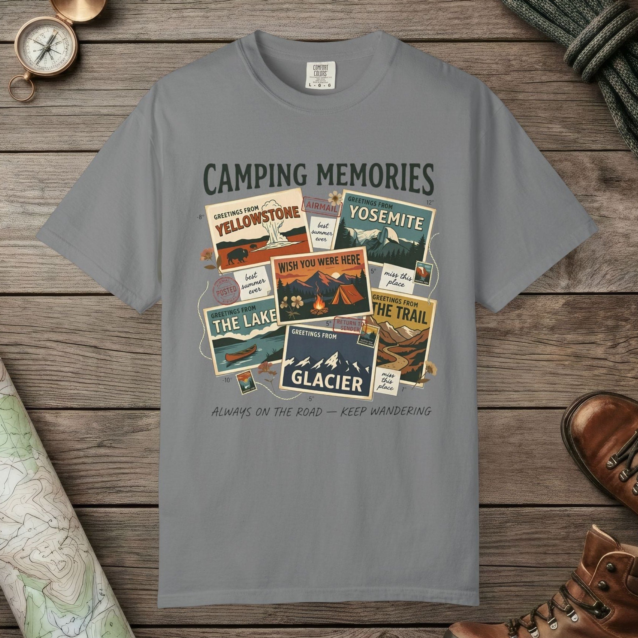 Grey color unisex graphic t-shirt with "Camping Memories" design