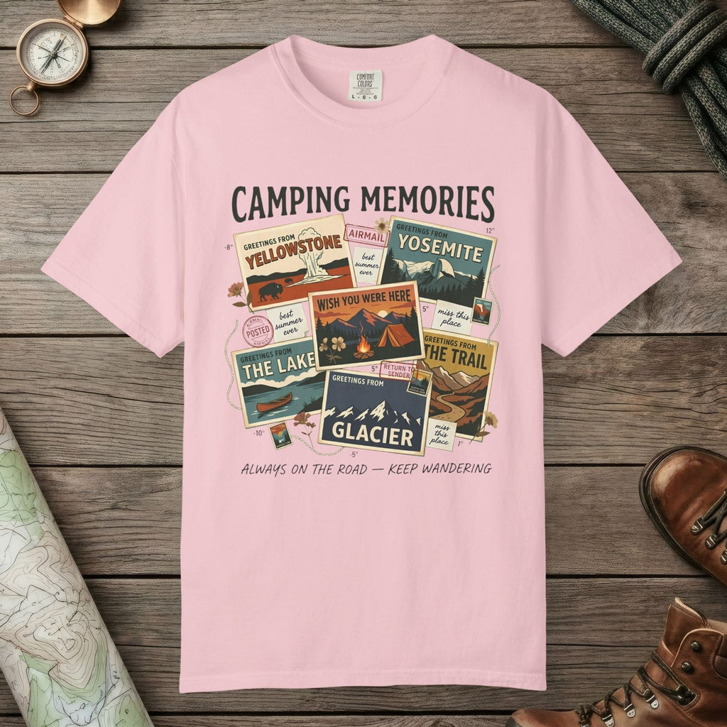 Blossom color unisex graphic t-shirt with "Camping Memories" design