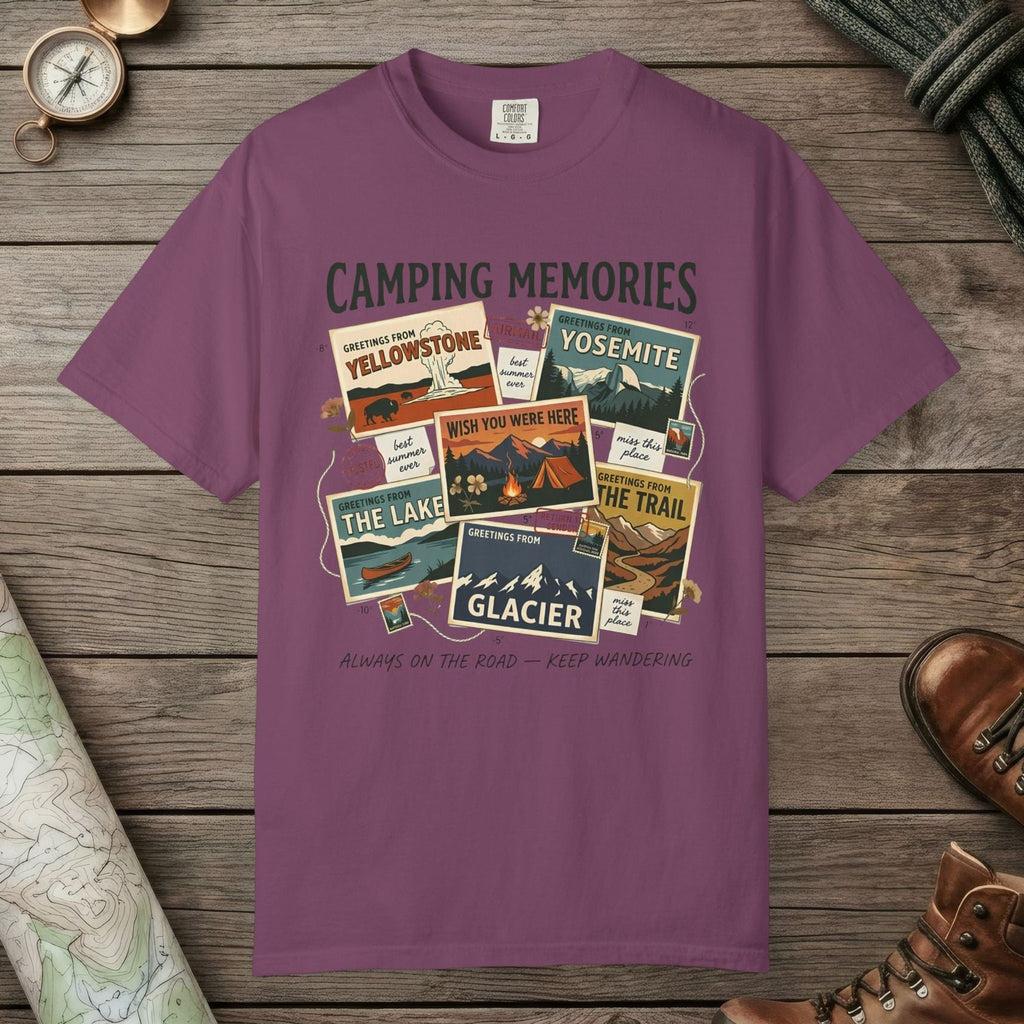 Berry color unisex graphic t-shirt with "Camping Memories" design