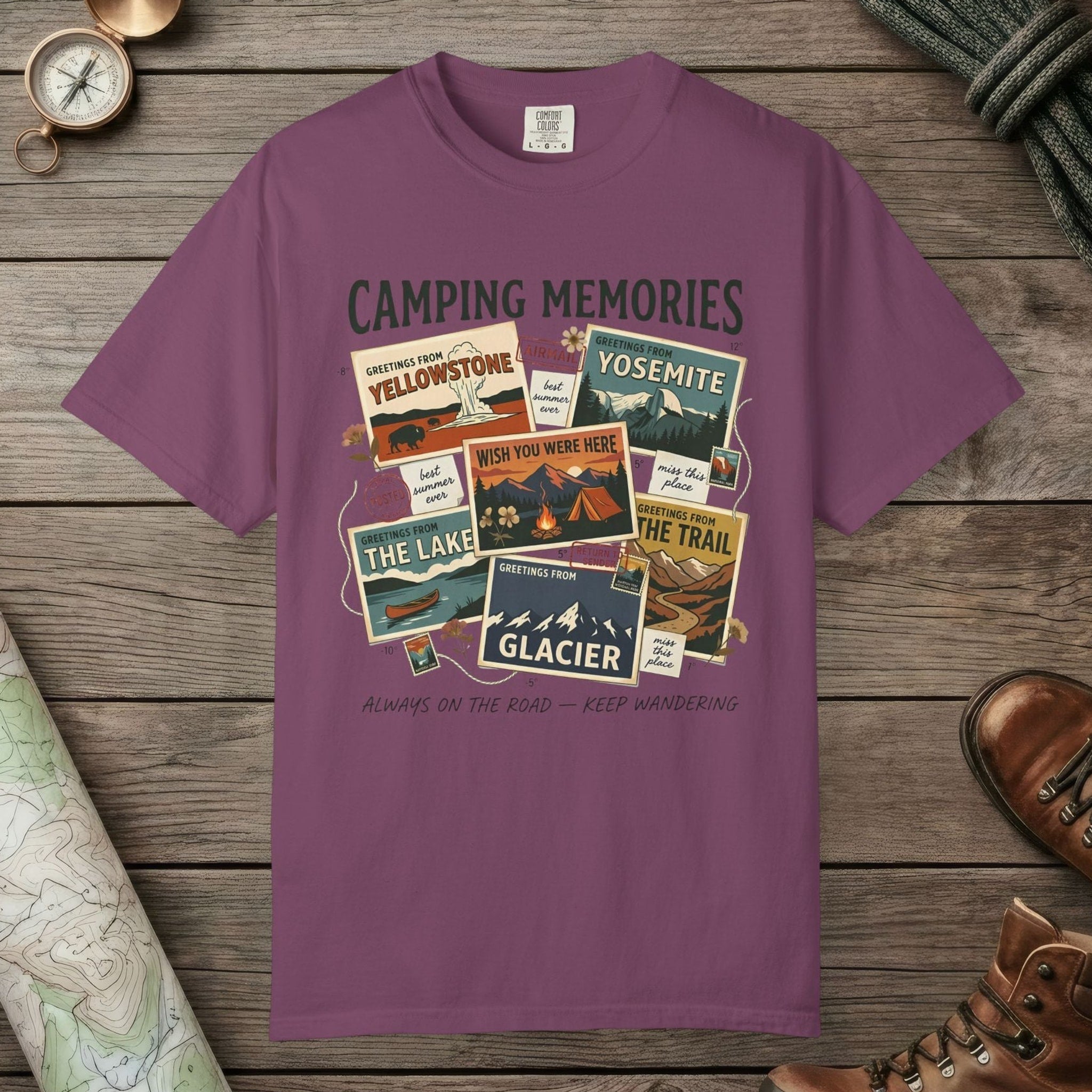 Berry color unisex graphic t-shirt with "Camping Memories" design