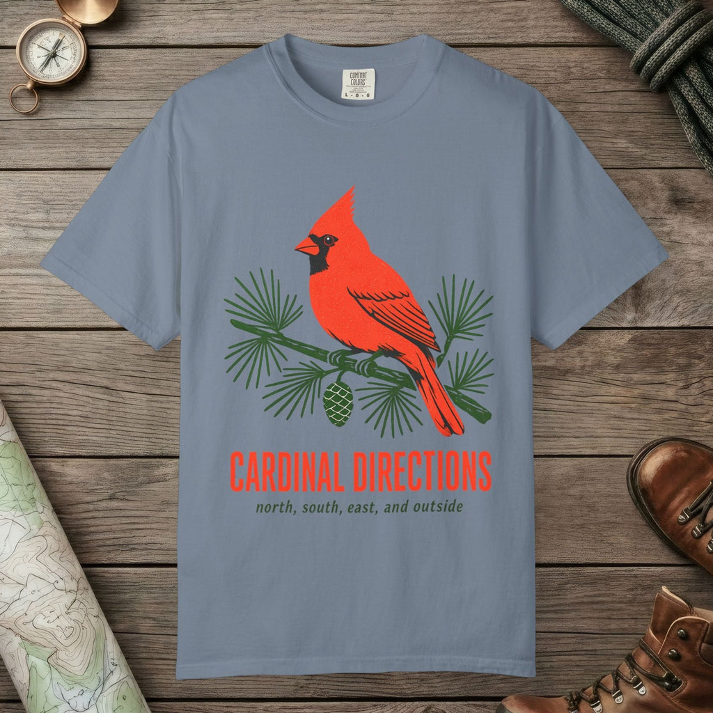 Blue Jean color unisex graphic t-shirt with "Cardinal on Pine" design