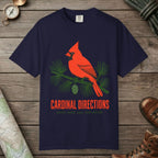 True Navy color unisex graphic t-shirt with "Cardinal on Pine" design