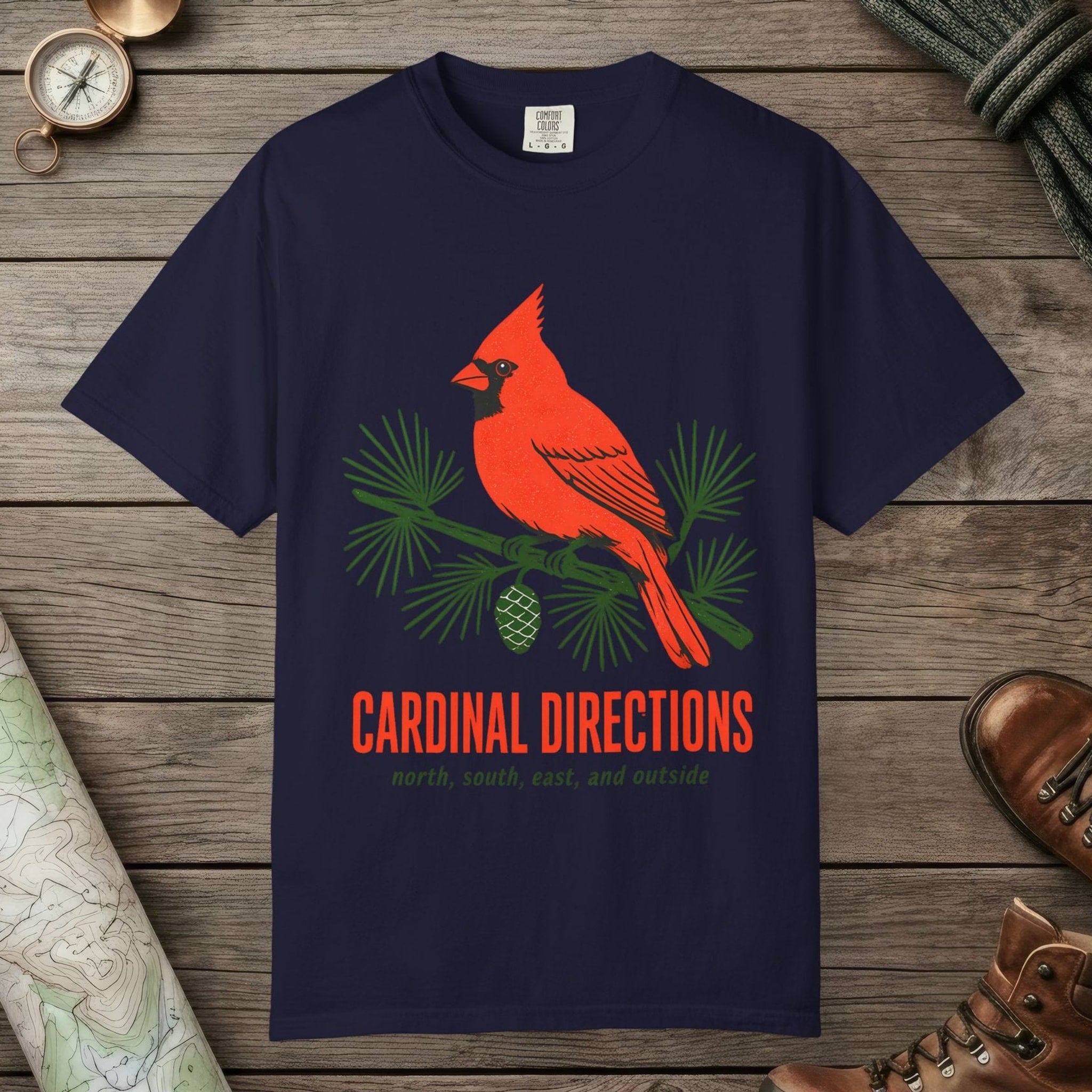 True Navy color unisex graphic t-shirt with "Cardinal on Pine" design