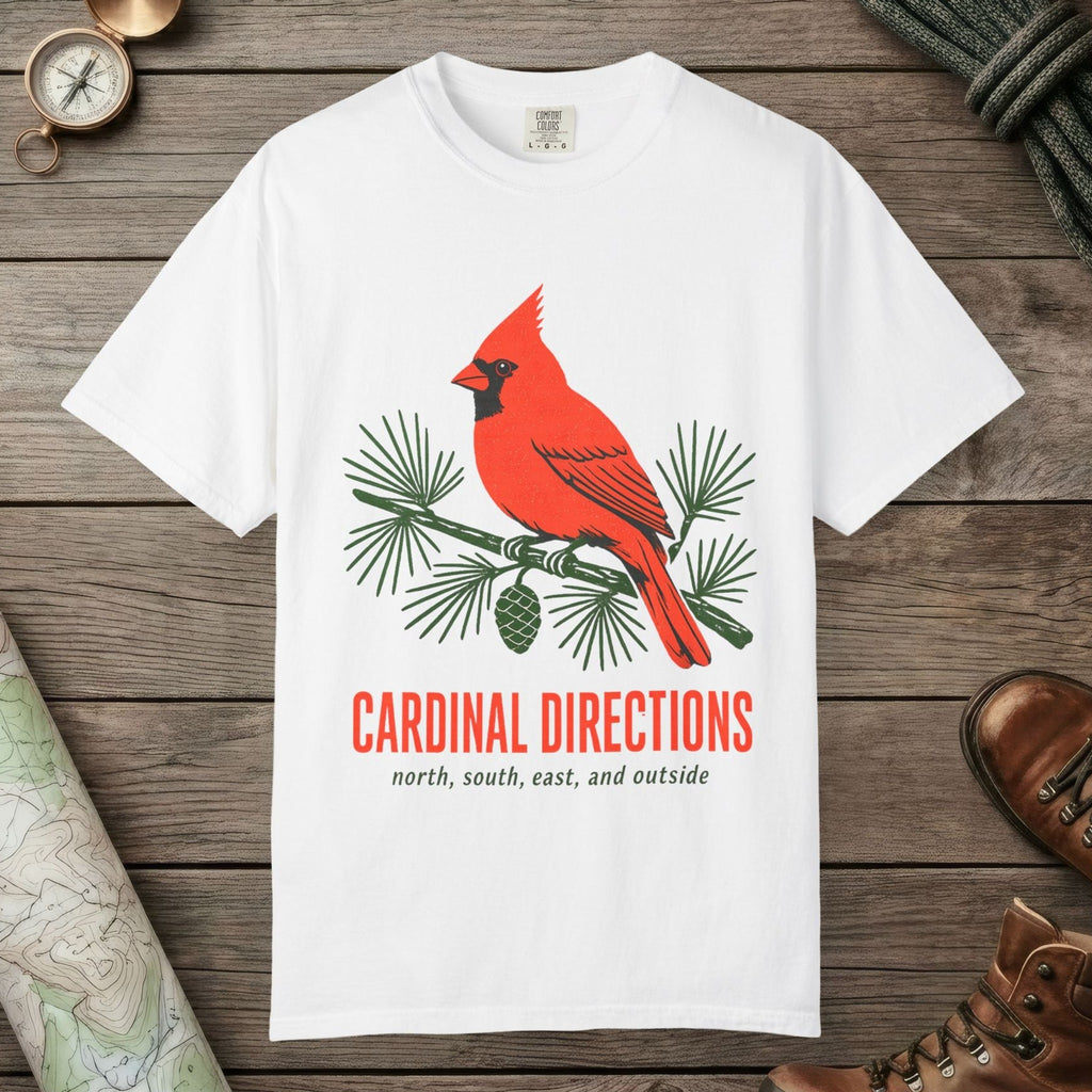 White color unisex graphic t-shirt with "Cardinal on Pine" design