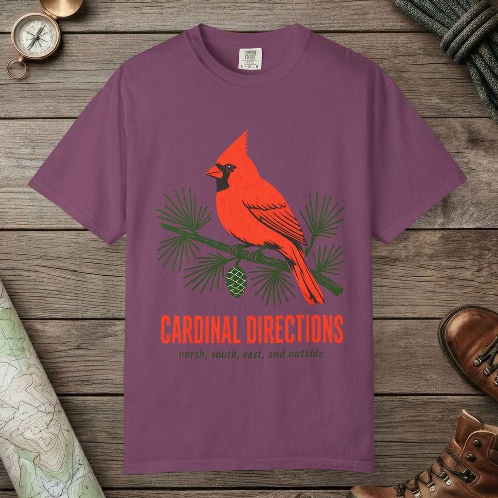 Berry color unisex graphic t-shirt with "Cardinal on Pine" design
