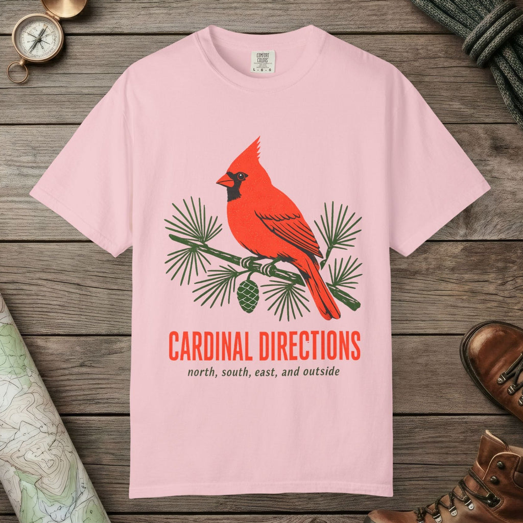 Blossom color unisex graphic t-shirt with "Cardinal on Pine" design