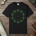 Black color unisex graphic t-shirt with "Celestial Mushroom Ring" design