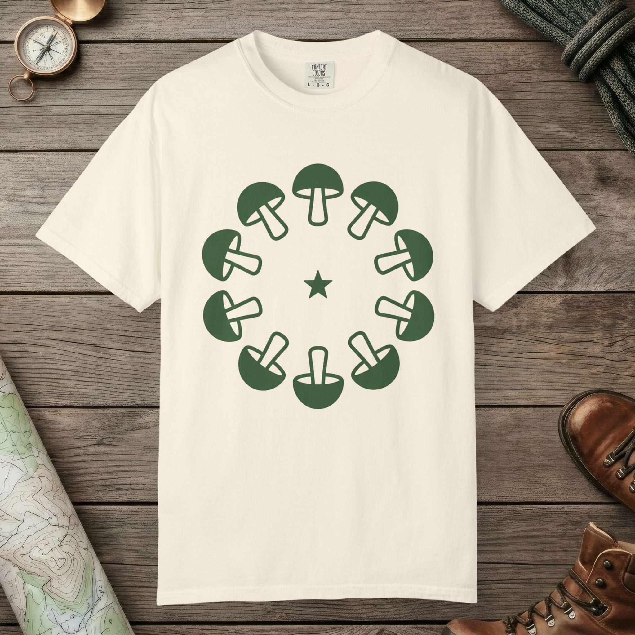 Ivory color unisex graphic t-shirt with "Celestial Mushroom Ring" design