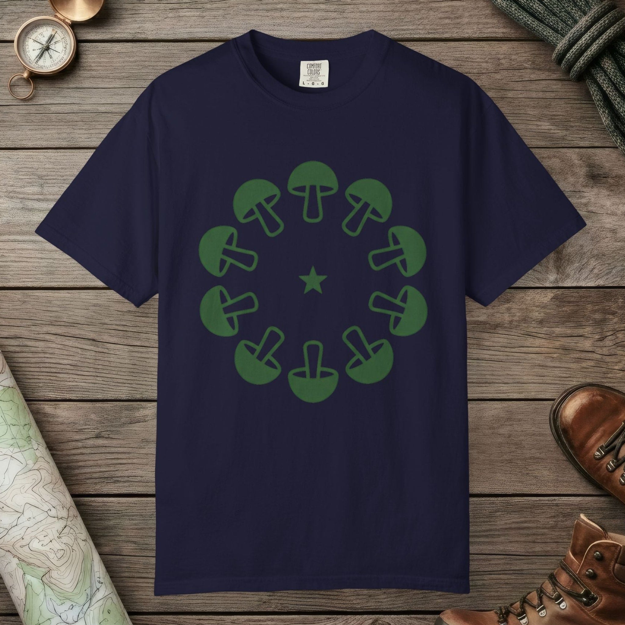 True Navy color unisex graphic t-shirt with "Celestial Mushroom Ring" design