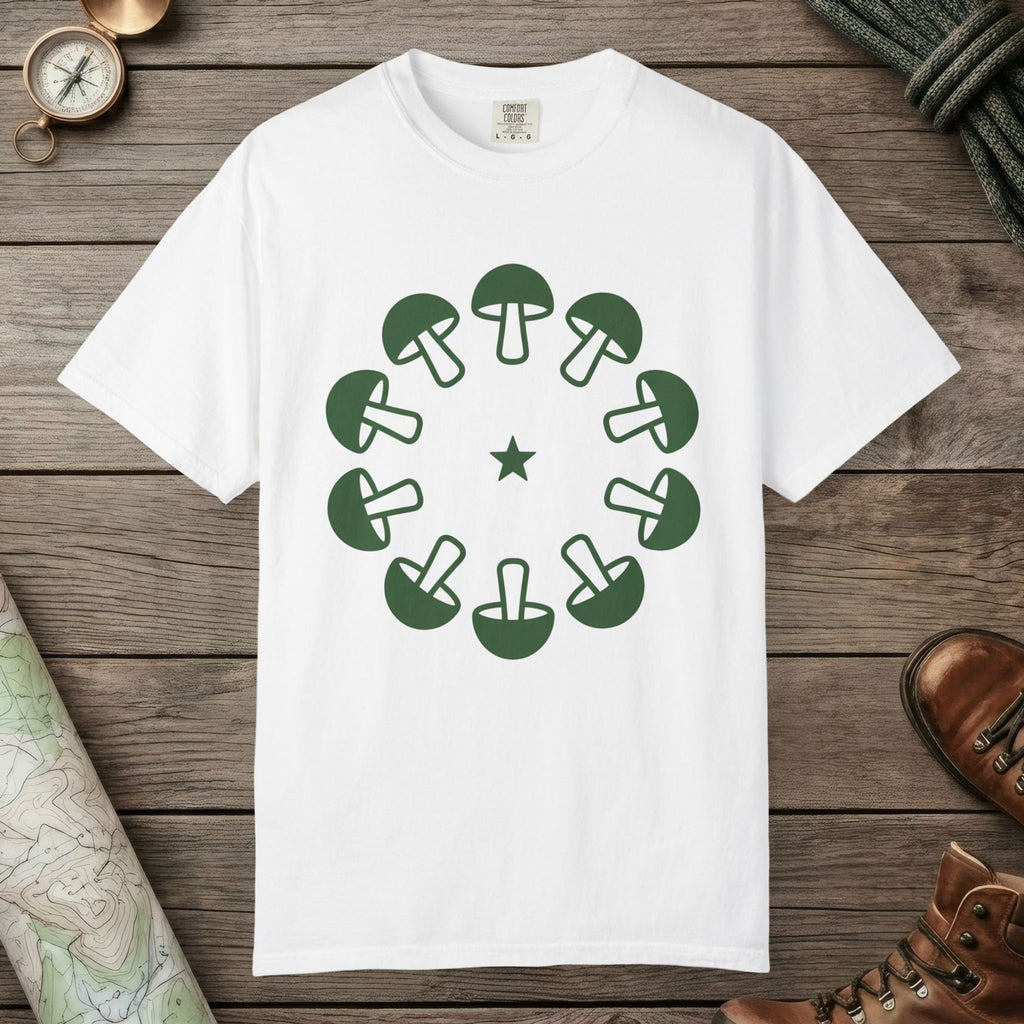 White color unisex graphic t-shirt with "Celestial Mushroom Ring" design