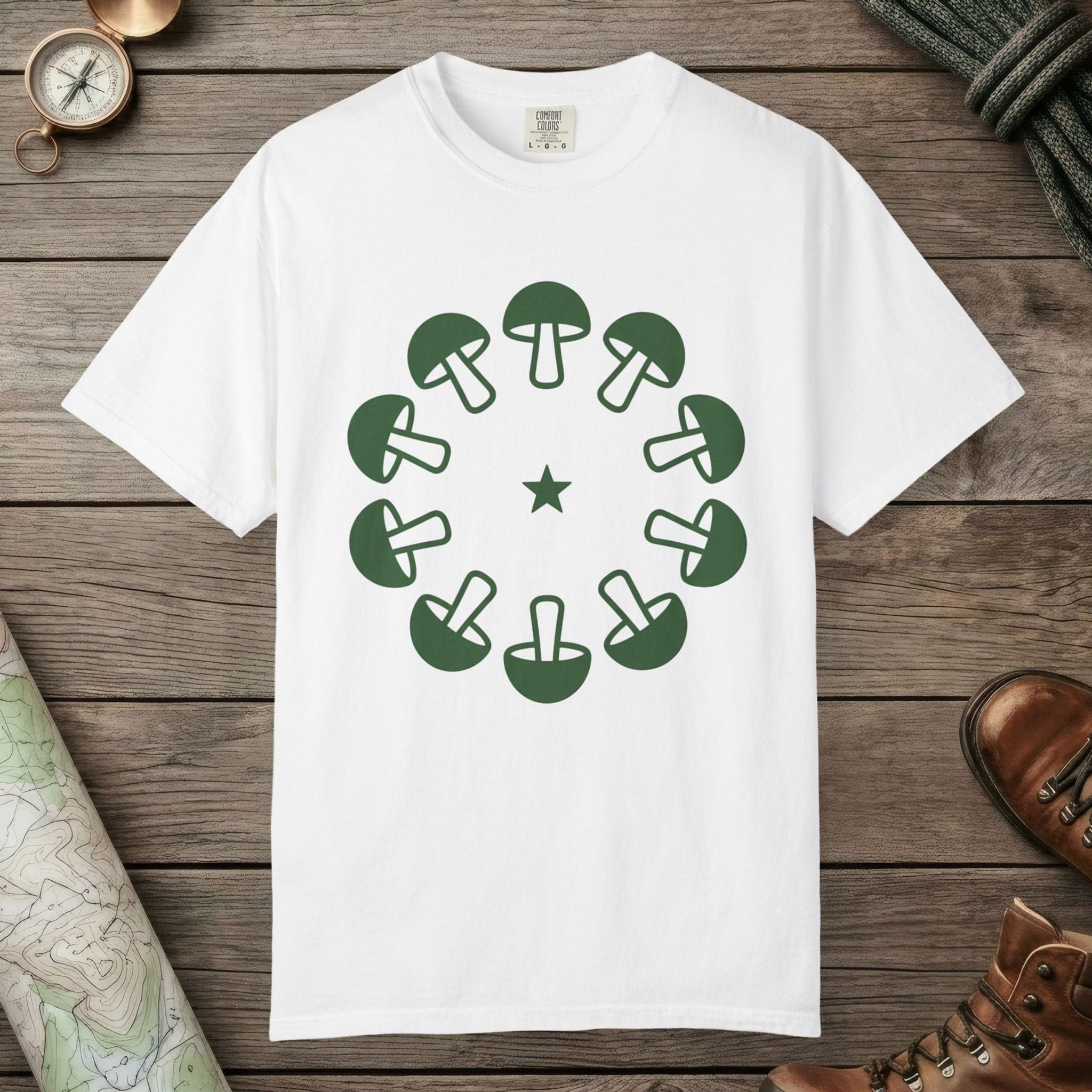 White color unisex graphic t-shirt with "Celestial Mushroom Ring" design