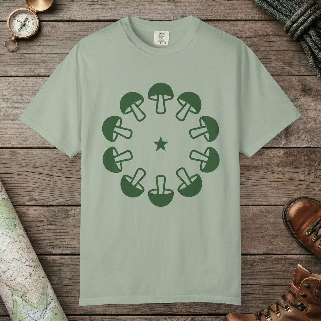 Bay color unisex graphic t-shirt with "Celestial Mushroom Ring" design